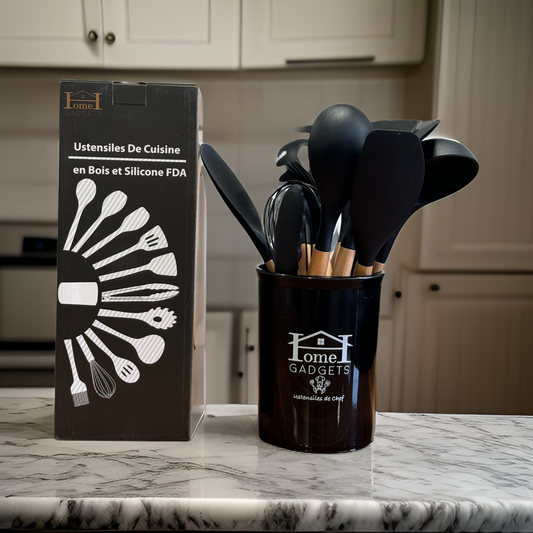 12 pièces d'ustensiles de cuisine silicone et bois Certifiés