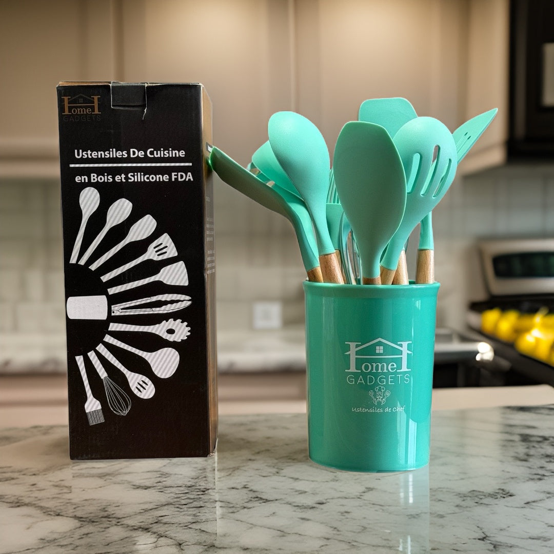 12 pièces d'ustensiles de cuisine silicone et bois Certifiés