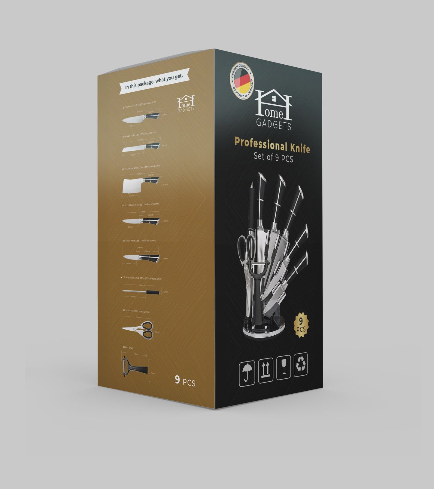 Ensemble de Couteaux Professionnel avec Support Rotatif, 9 Pièces
