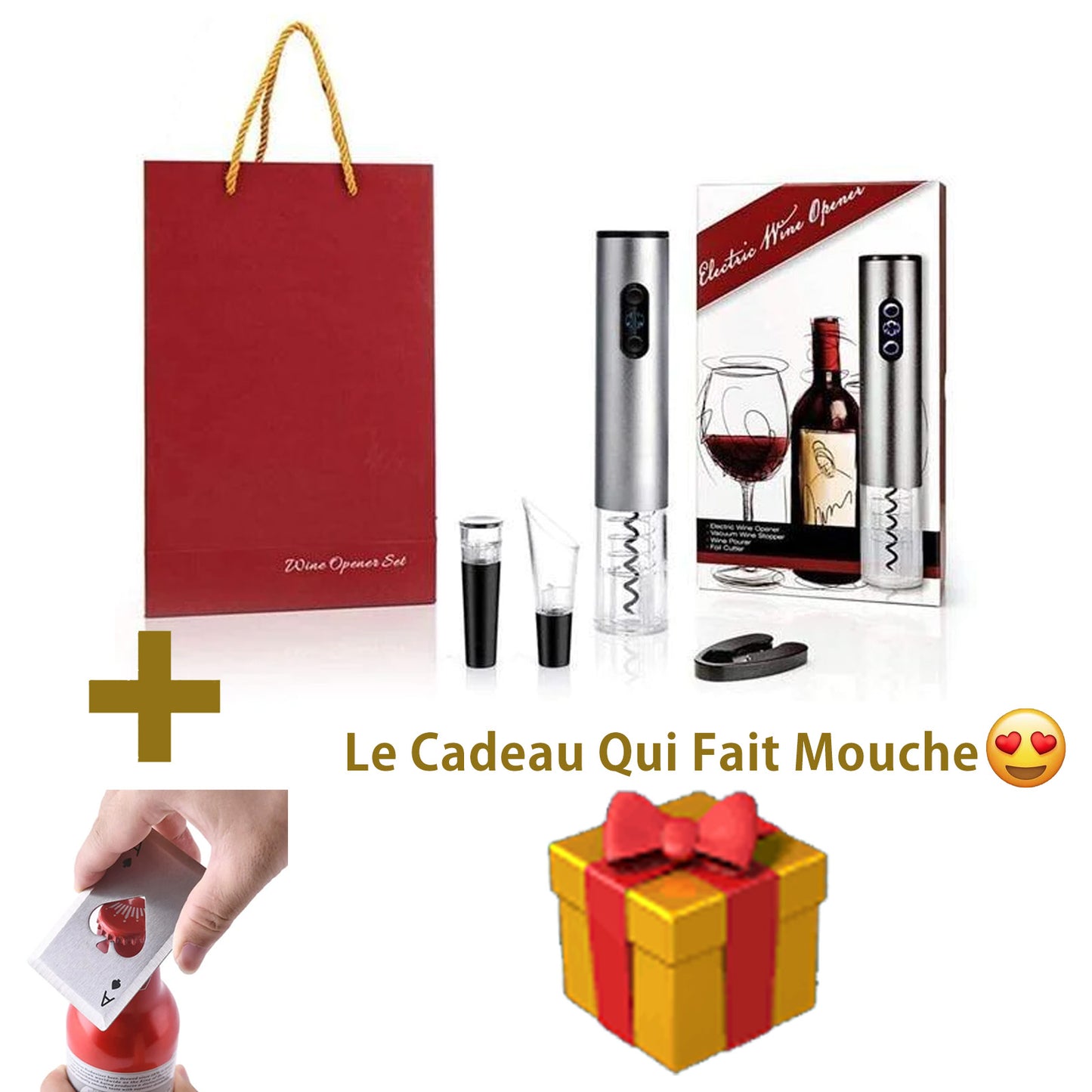 Ensemble de 4 Pièces (Tire-bouchon électrique, Verseur de vin,Coupe-feuille,Bouchon à Vide)