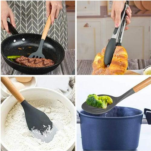 12 pièces d'ustensiles de cuisine silicone et bois - Home Gadgets