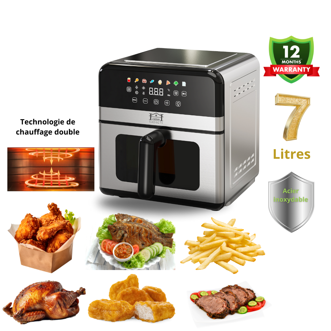 Friteuse à Air 7 Litres avec Fenêtre, Panier et Double Résistance Chauffante en Acier Inoxydable