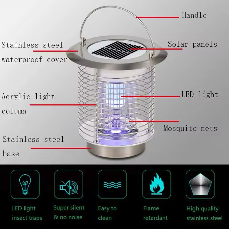 Tueur de Moustiques Extérieur en Acier Inoxydable avec Panneau Solaire et Lumière Intégrée