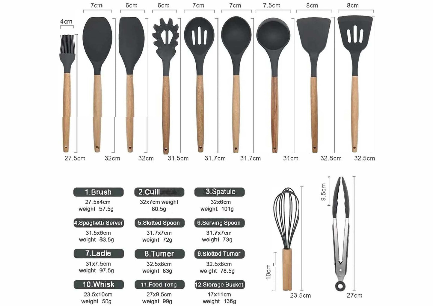 12 pièces d'ustensiles de cuisine silicone et bois Certifiés